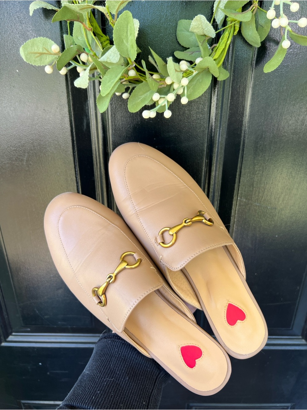 Tan Leather Horsebit Mules with Gold Hardware